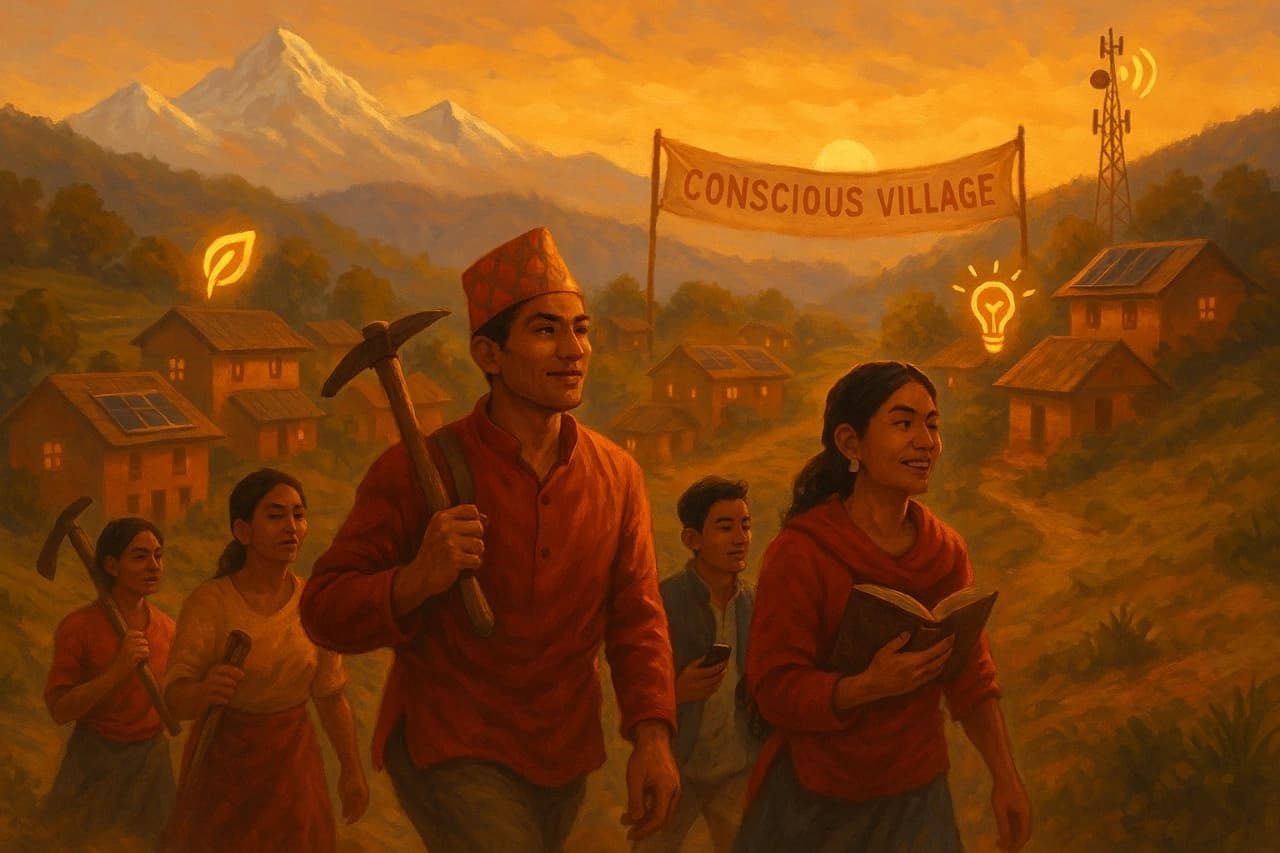 Illustration of a thriving and digitally connected village in Nepal